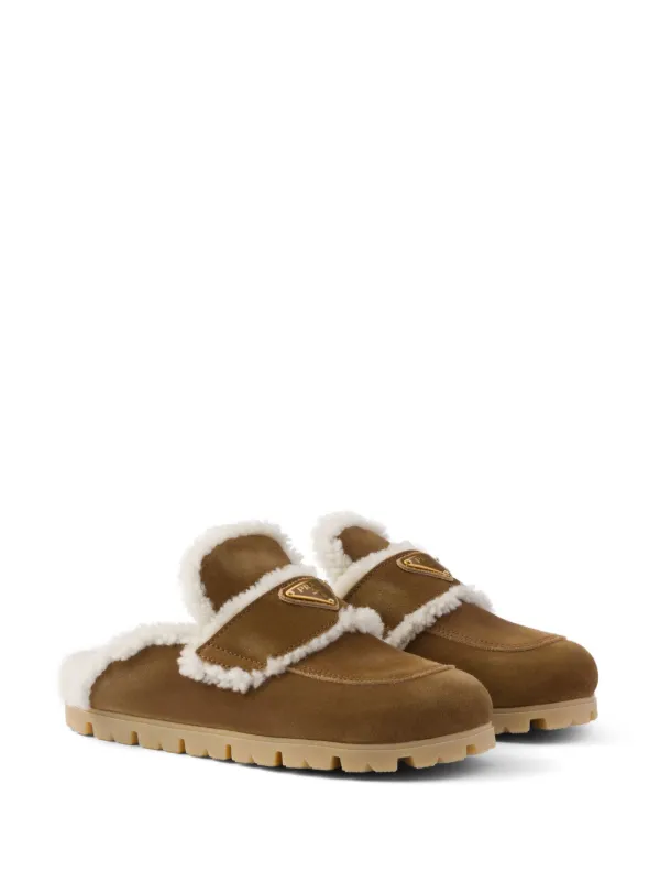 PRADA＊Shearling mules シアリング ミュール＊送料込 Cognac Suede And Shearling Slippers | PRADA