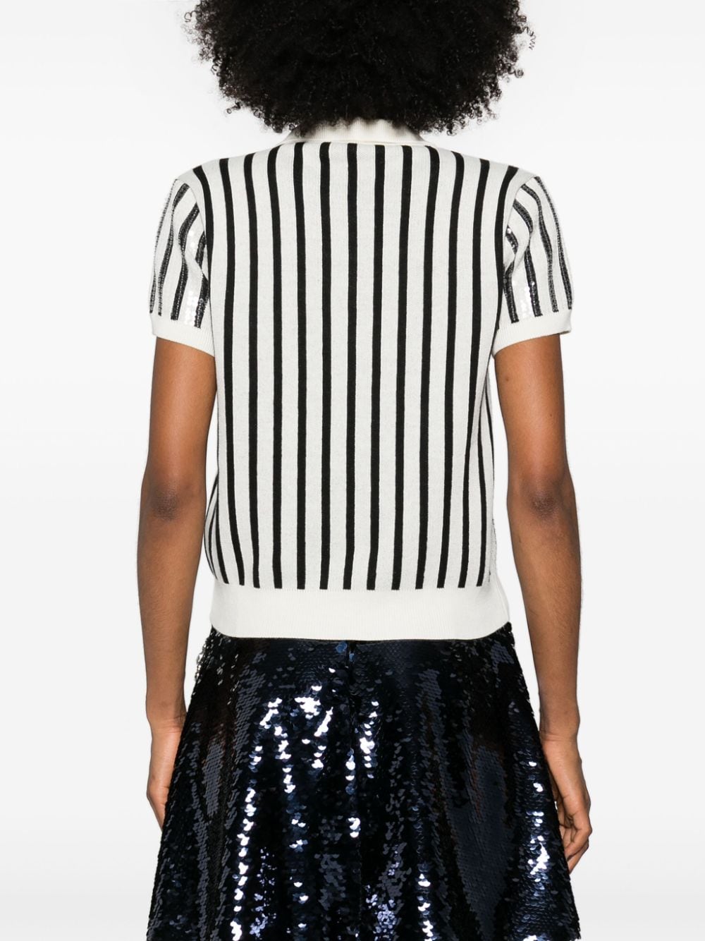 Shop Msgm Sequin-embellished Striped Polo Jumper In White