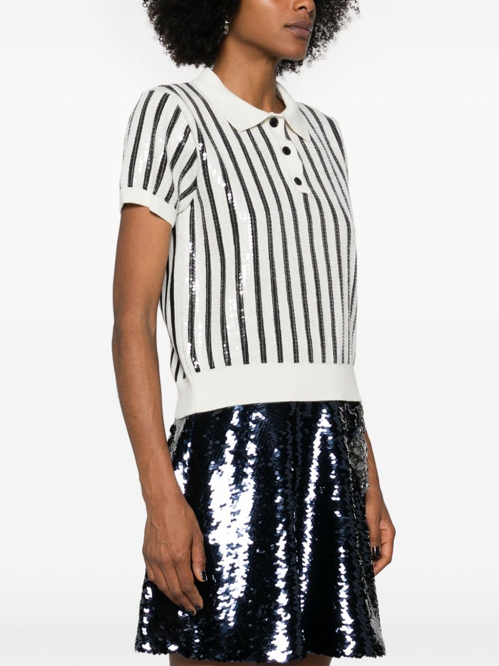 Shop Msgm Sequin-embellished Striped Polo Jumper In White