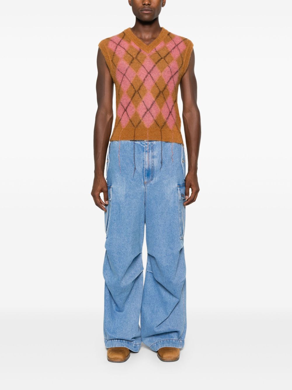 Shop Marni Logo-embroidered Cargo Jeans In Blue