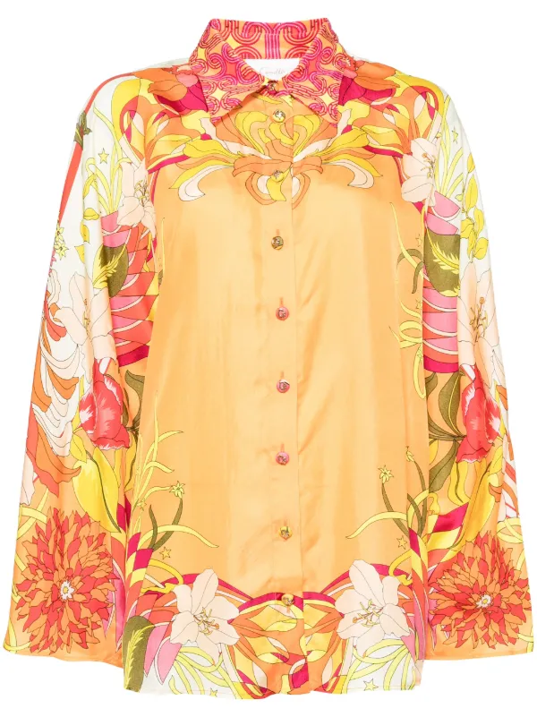 Camilla Floral-print Silk Shirt in Orange