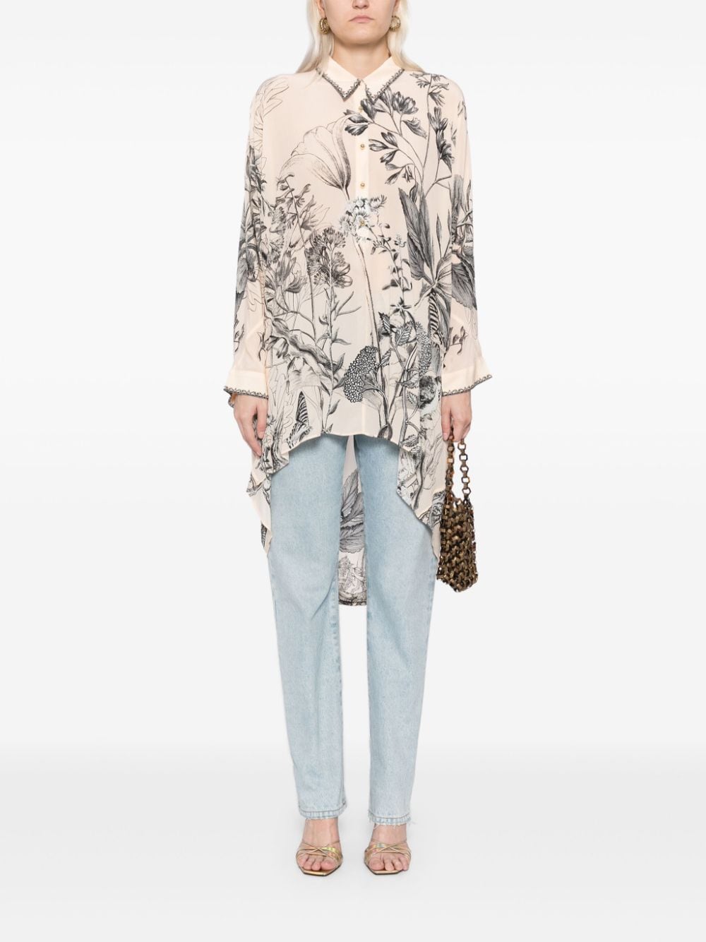 Camilla Zijden blouse met bloemenprint - Beige