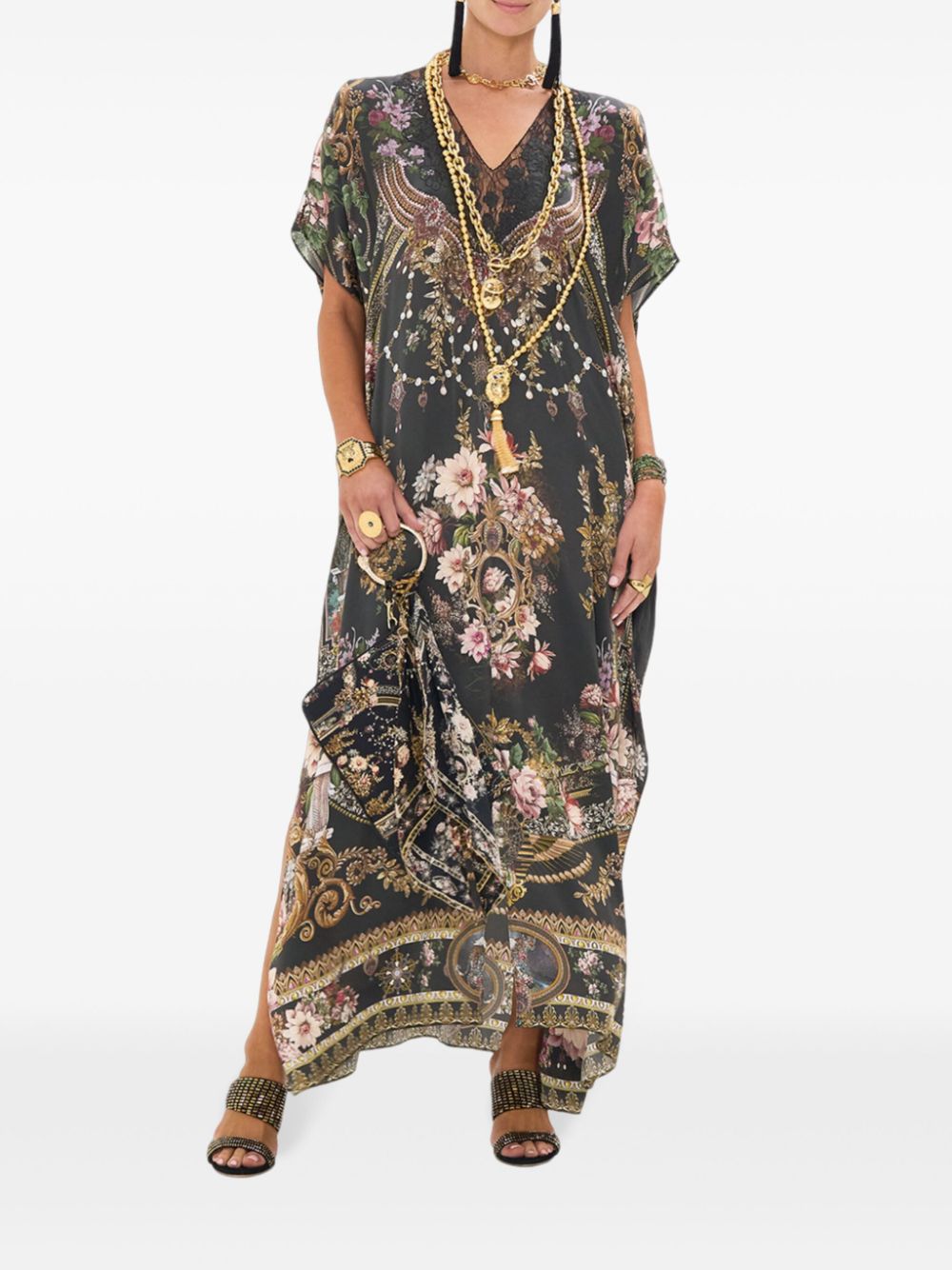 Camilla lace-panelled kaftan - Zwart