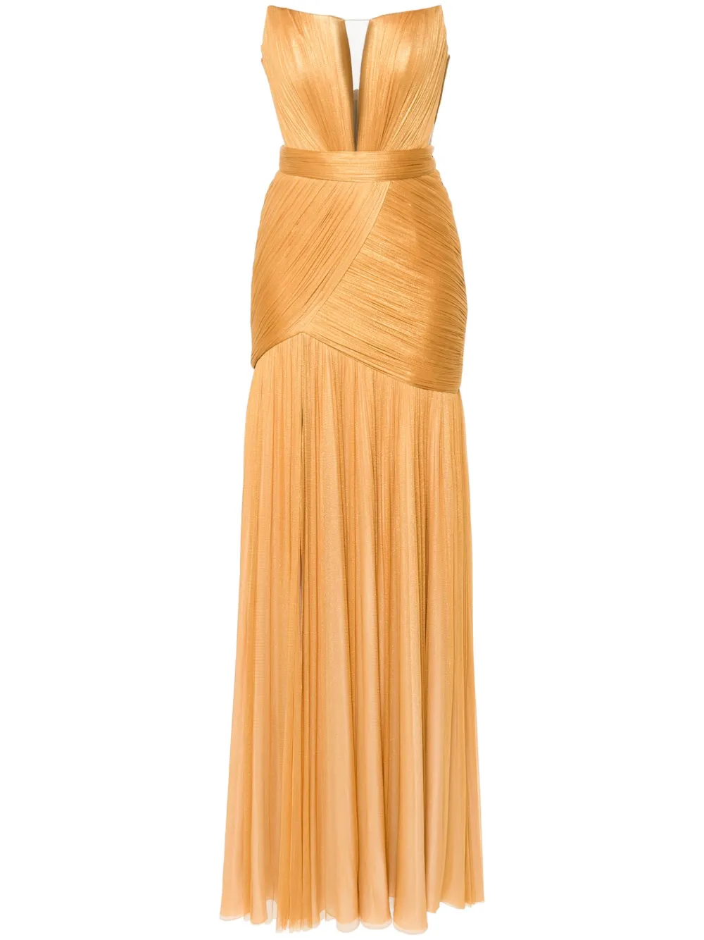 Cristallini Gold Silk Chiffon Metallic Effect Gown In Gold