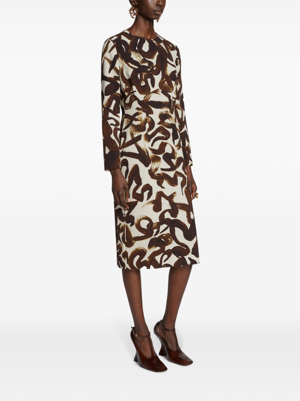 Shop Dries Van Noten Printed Shift Midi Dress In Brown