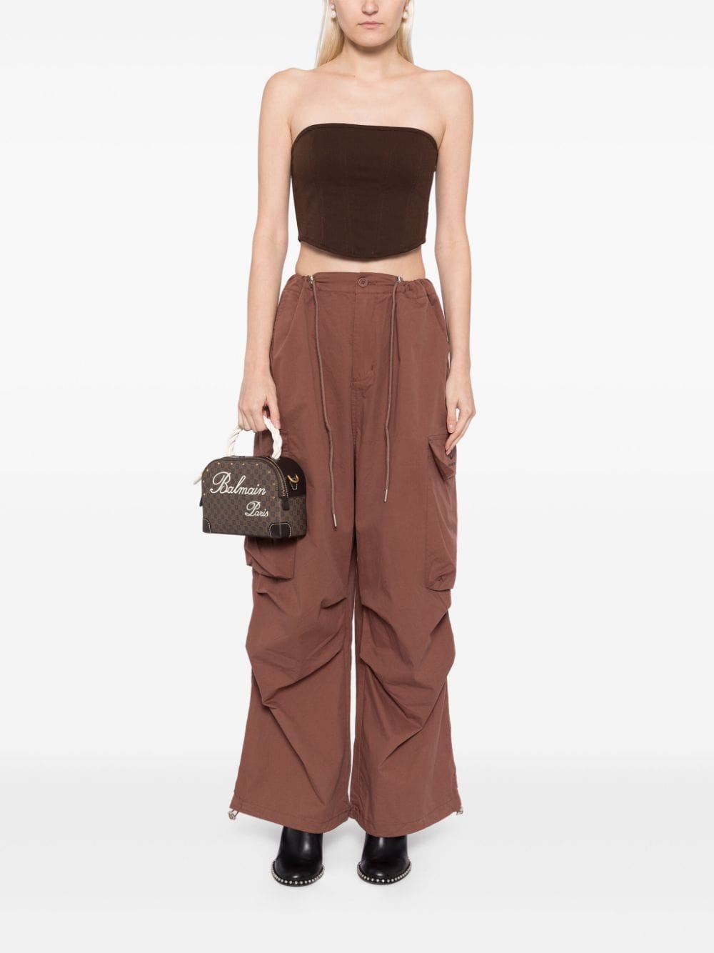 Shop Ground Zero Crinkled Wide-leg Cargo Trousers In Brown