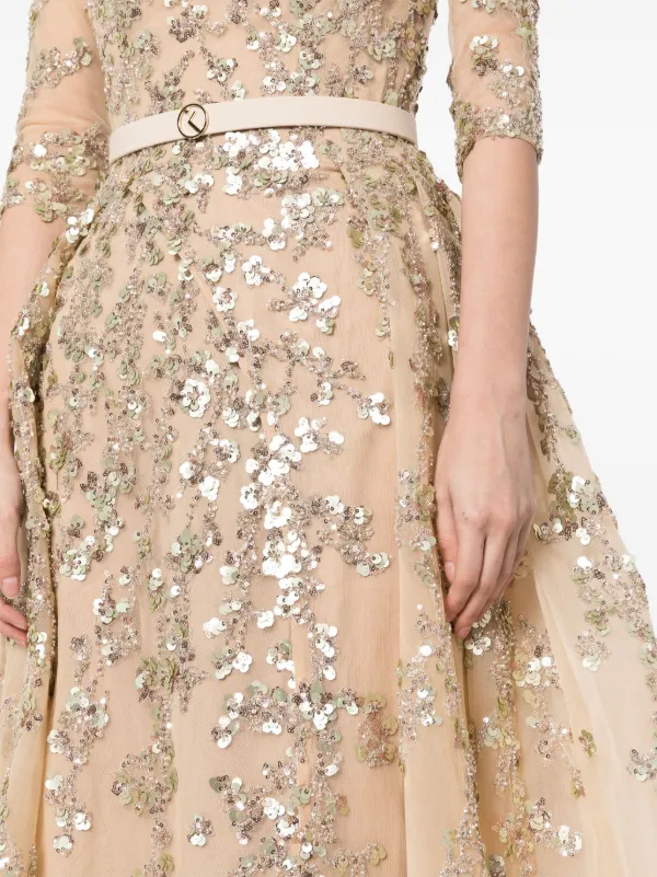 Saiid Kobeisy Beaded Tulle Belted Gown | Neutrals | FARFETCH