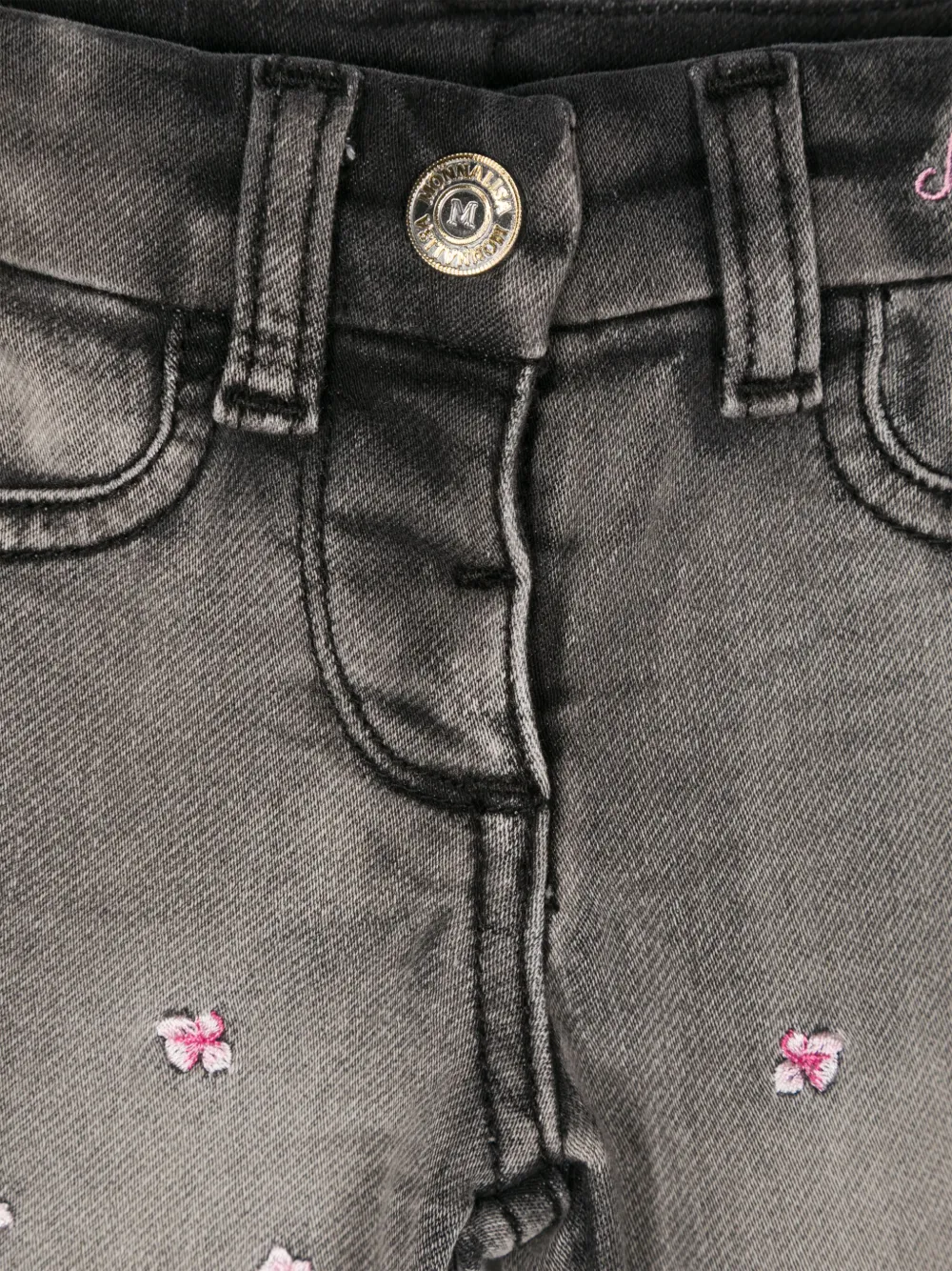 Monnalisa Jeans met geborduurde bloemen Grijs