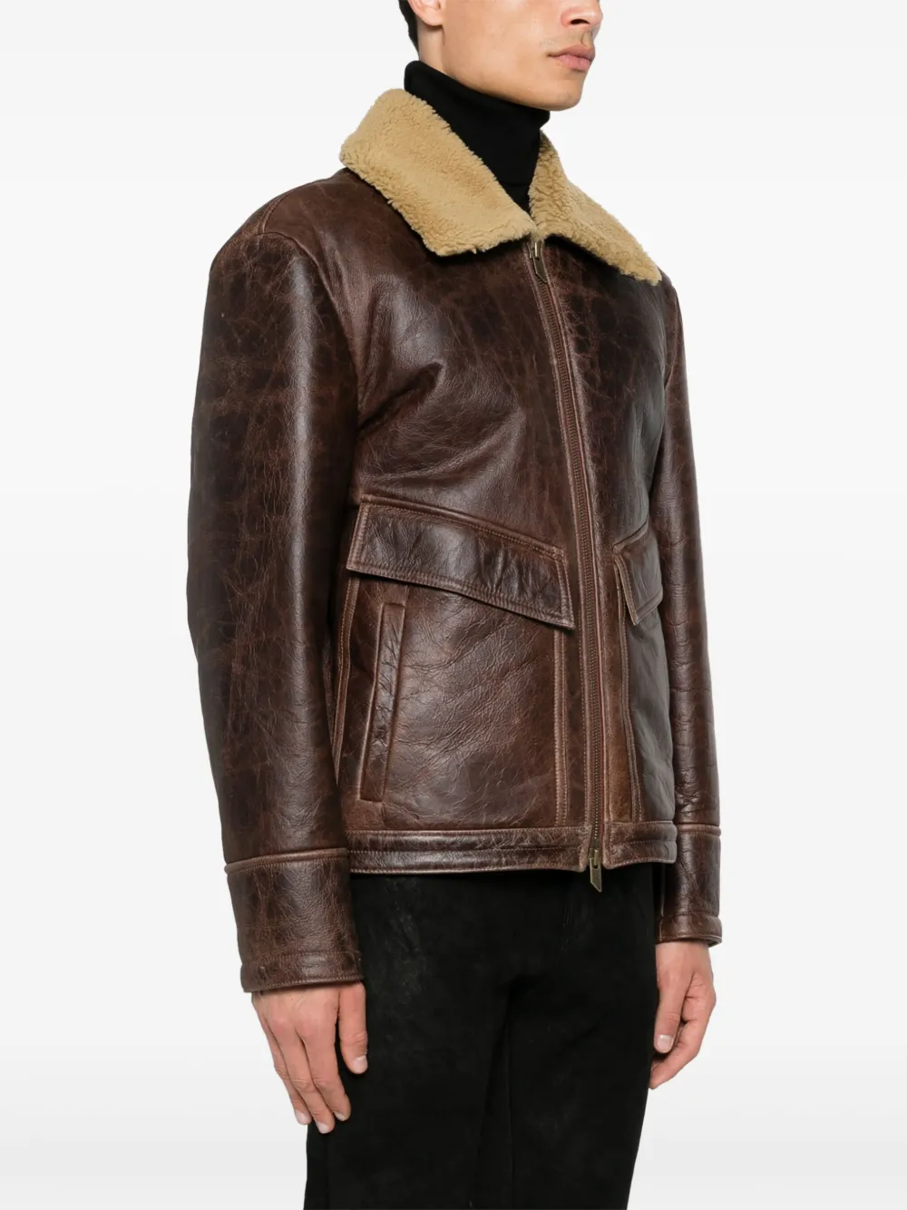 Salvatore Santoro Leren jack met lammy kraag Bruin