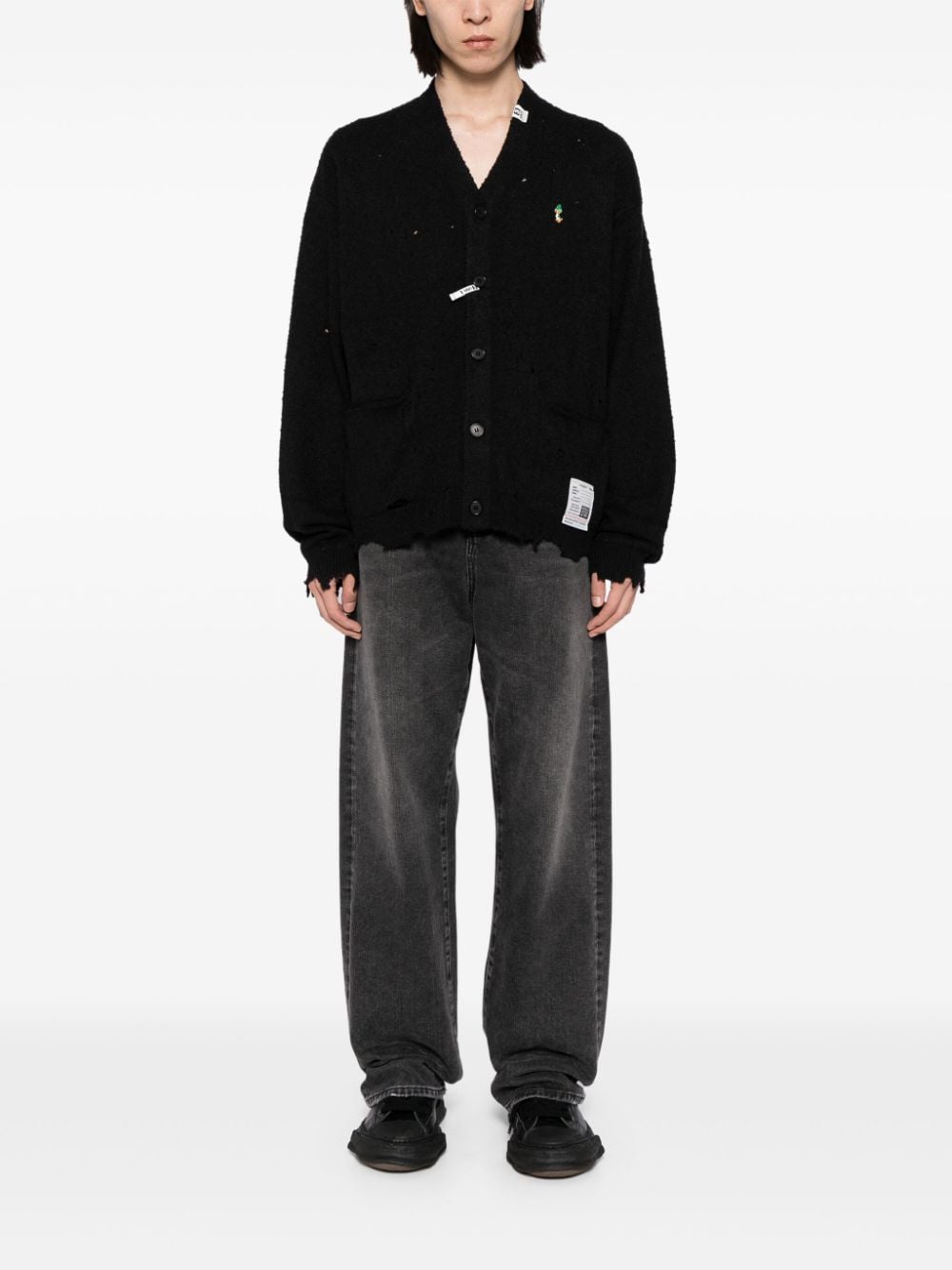 Shop Miharayasuhiro Embroidered Distressed Cardigan In Black