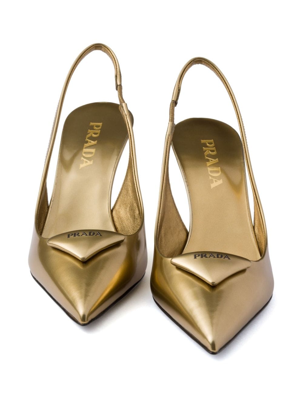 Shop Prada 75mm Appliqué-logo Pumps In Gold