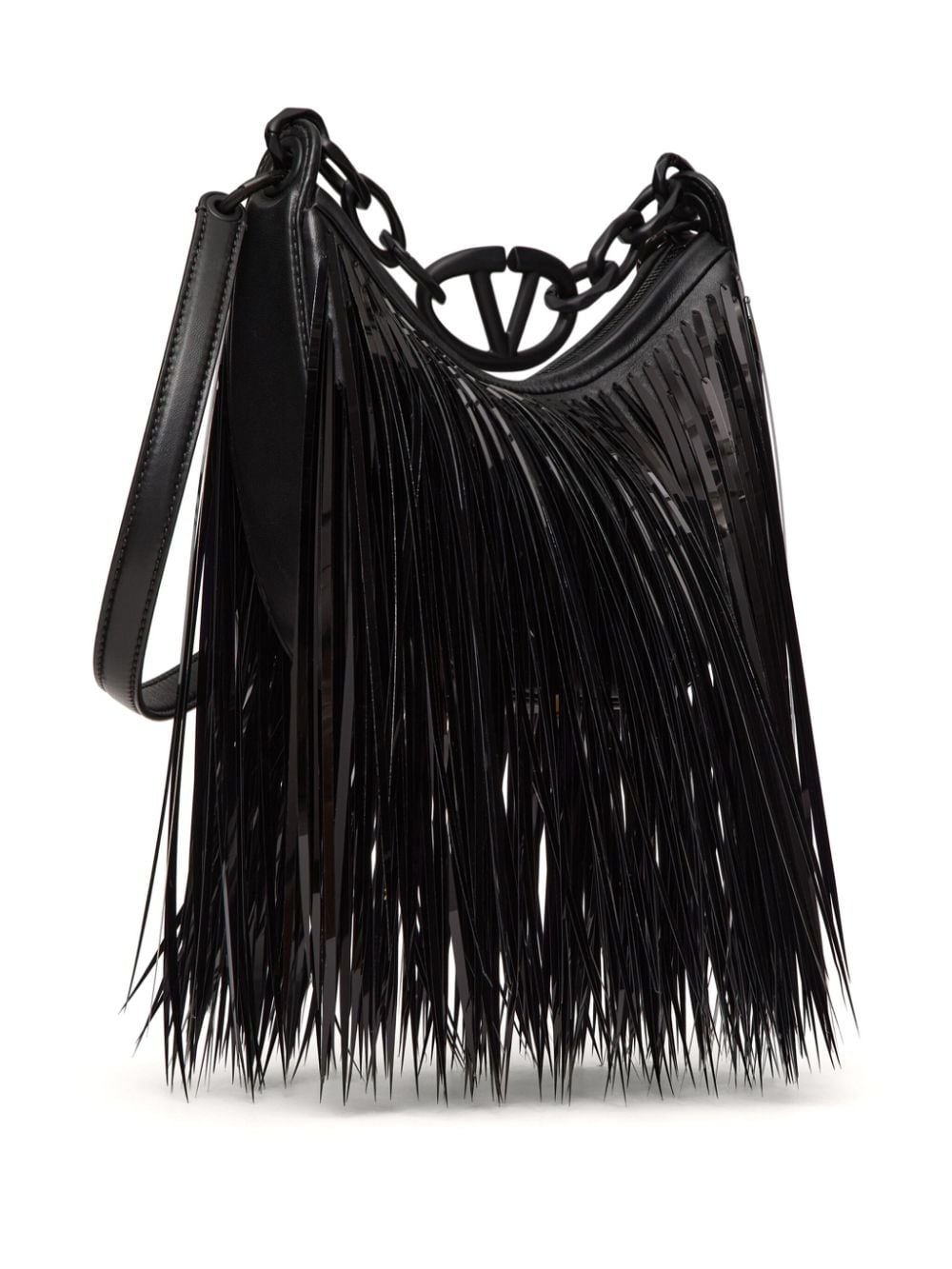 Shop Valentino Fringed Shoulder Bag In Black