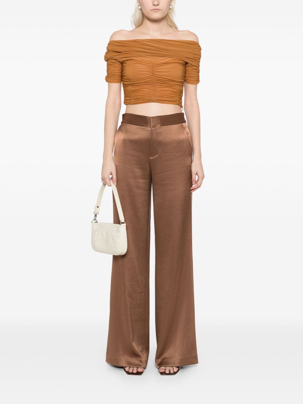 Shop Alice And Olivia Calvin Satin-finish Trousers In Brown