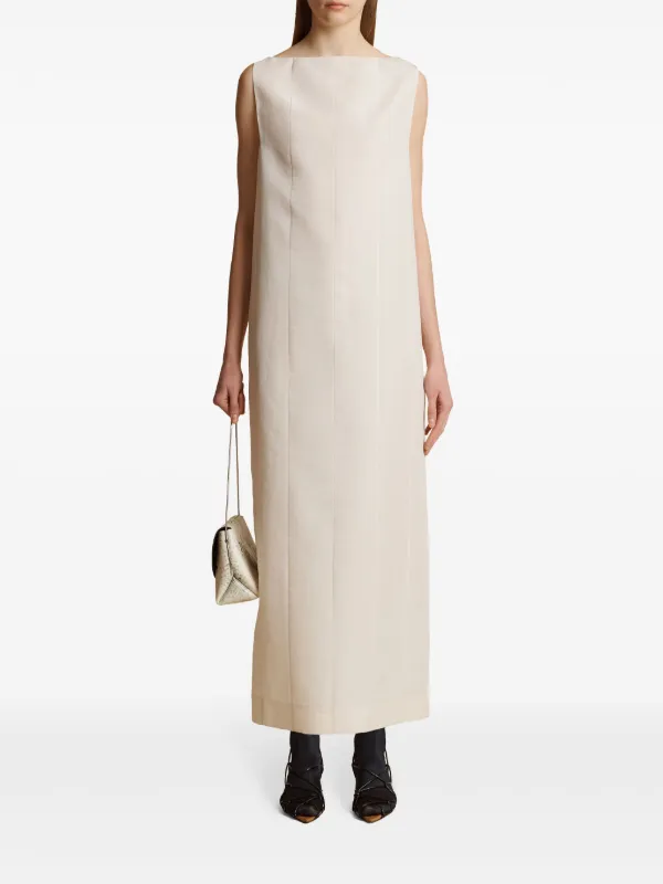 beige boat neck dress Button Front Boat Neck Midi Dress