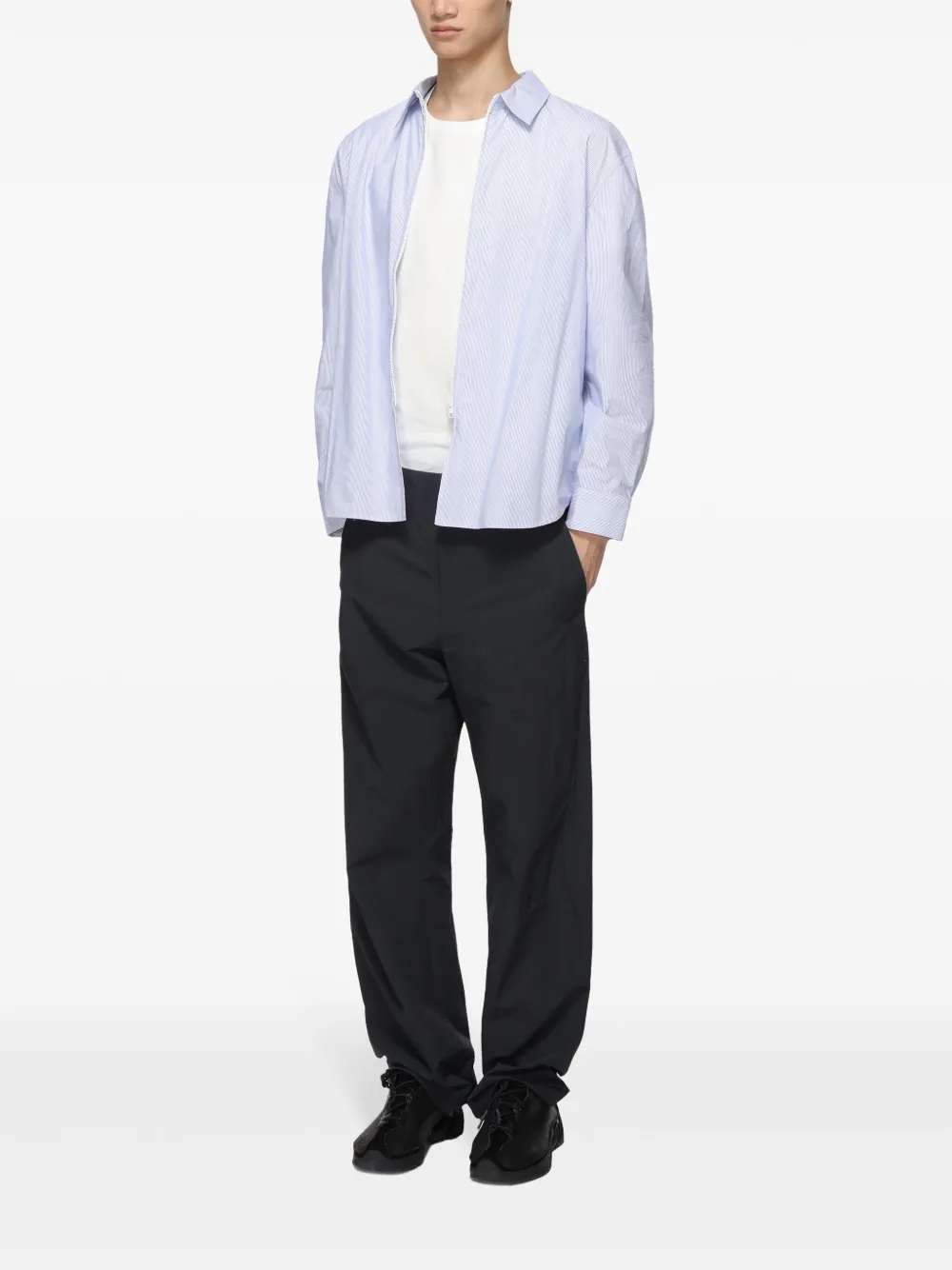 Post Archive Faction 6.0 Stripe Cotton Zip Front Shirt Right In Blue