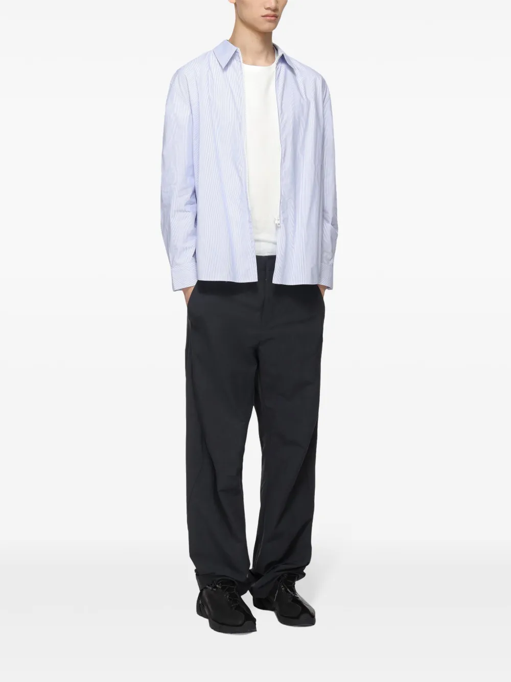 Post Archive Faction 6.0 Stripe Cotton Zip Front Shirt Right In Blue