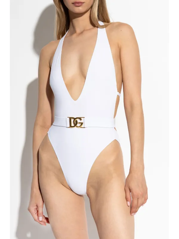 【関税&送料込】Dolce & Gabbana Swimsuit Dolce & Gabbana plunge-neck Belted Swimsuit | White | FARFETCH