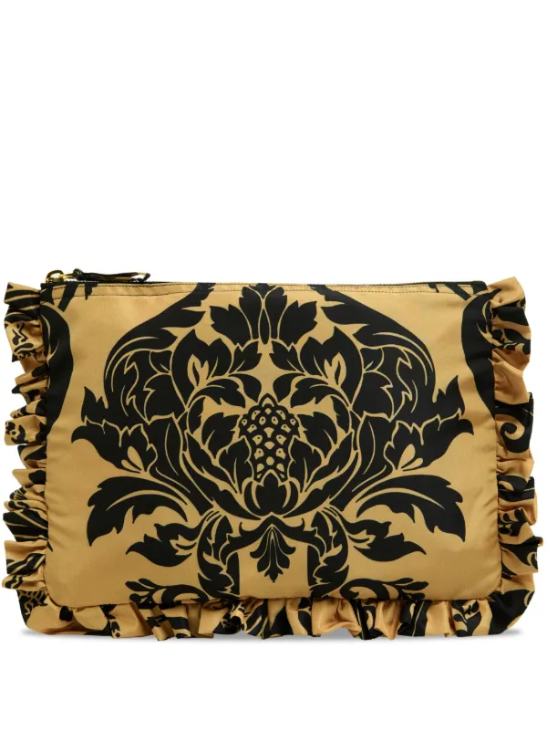 La DoubleJ Cherubs-print Ruffle-trim Clutch Bag in Gold