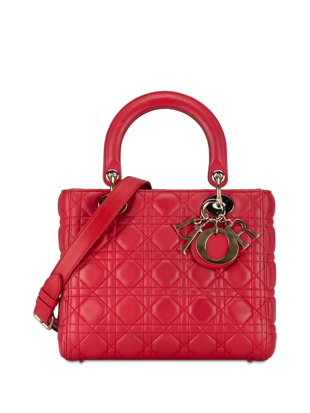 Pre-owned Dior 2017 Medium Lambskin Cannage Lady  Satchel In Red
