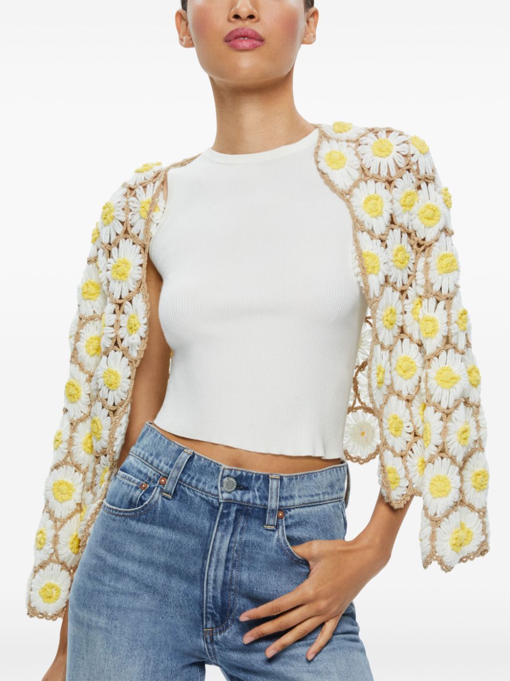 Shop Alice And Olivia Anderson Daisy Crochet Cardigan In Neutrals