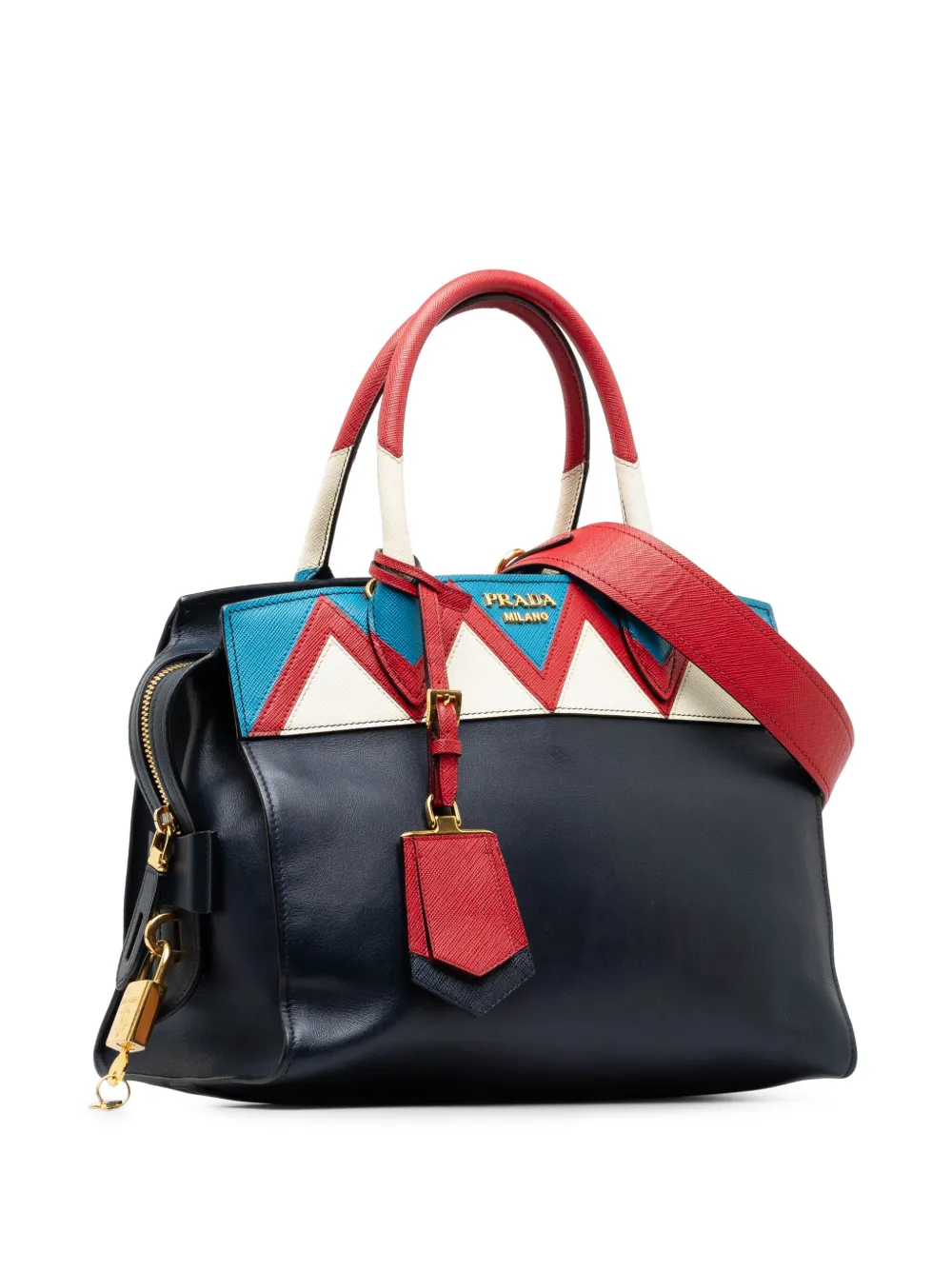 Pre-owned Prada 2017 Medium Saffiano Trimmed City Calf Greca Esplanade Satchel In Blue