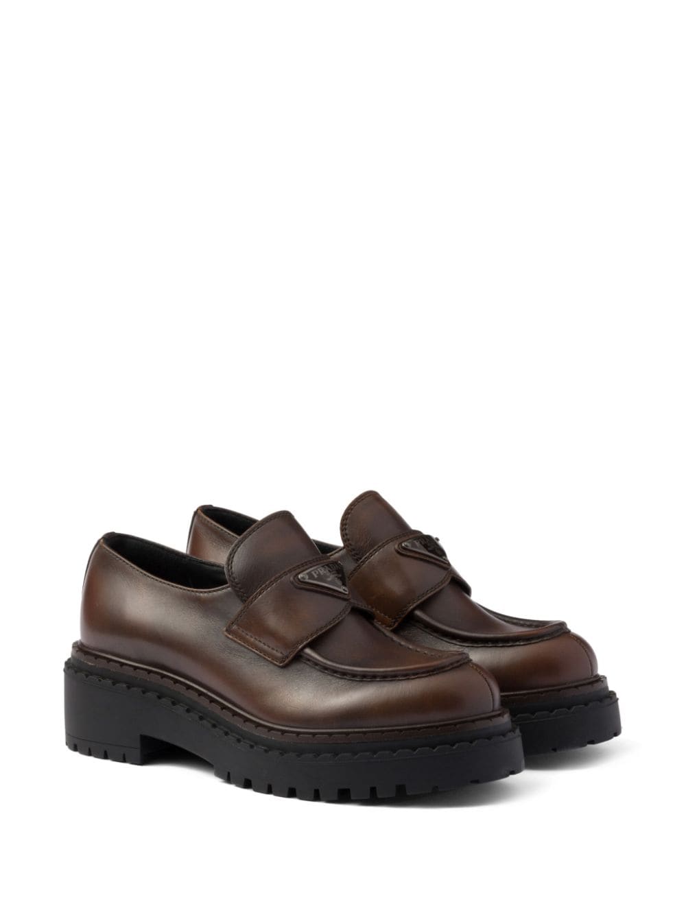 Shop Prada Leather Loafers In Braun