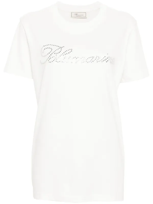 Tシャツ・カットソー BLUMARINE Woman T-Shirt White 2T094A N0100 T-shirt With Blumarine Rhinestone Embroidery And Roses