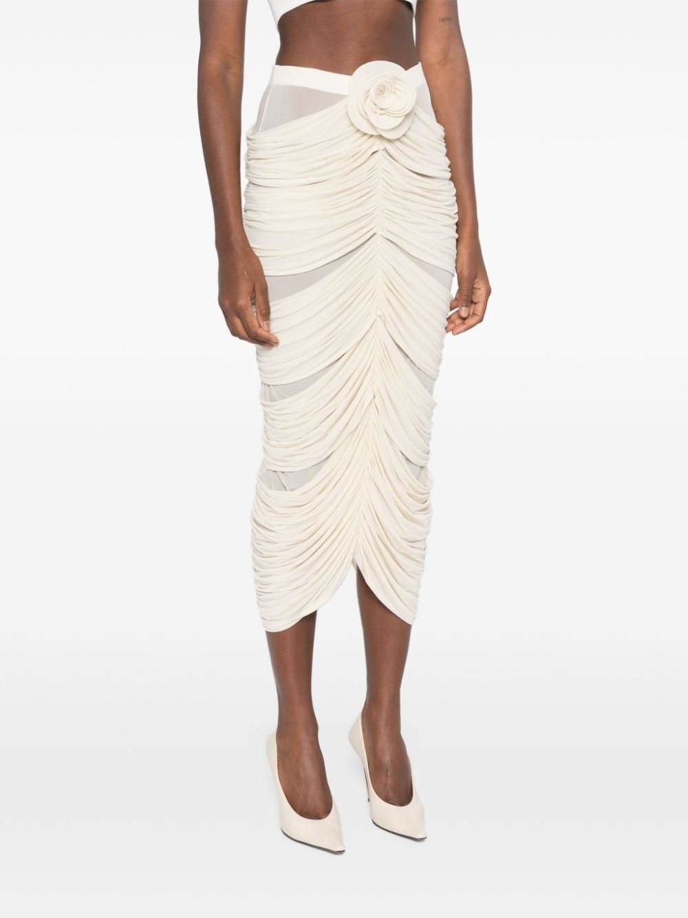 Shop Magda Butrym Rose-appliqué Ruched Skirt In Neutrals