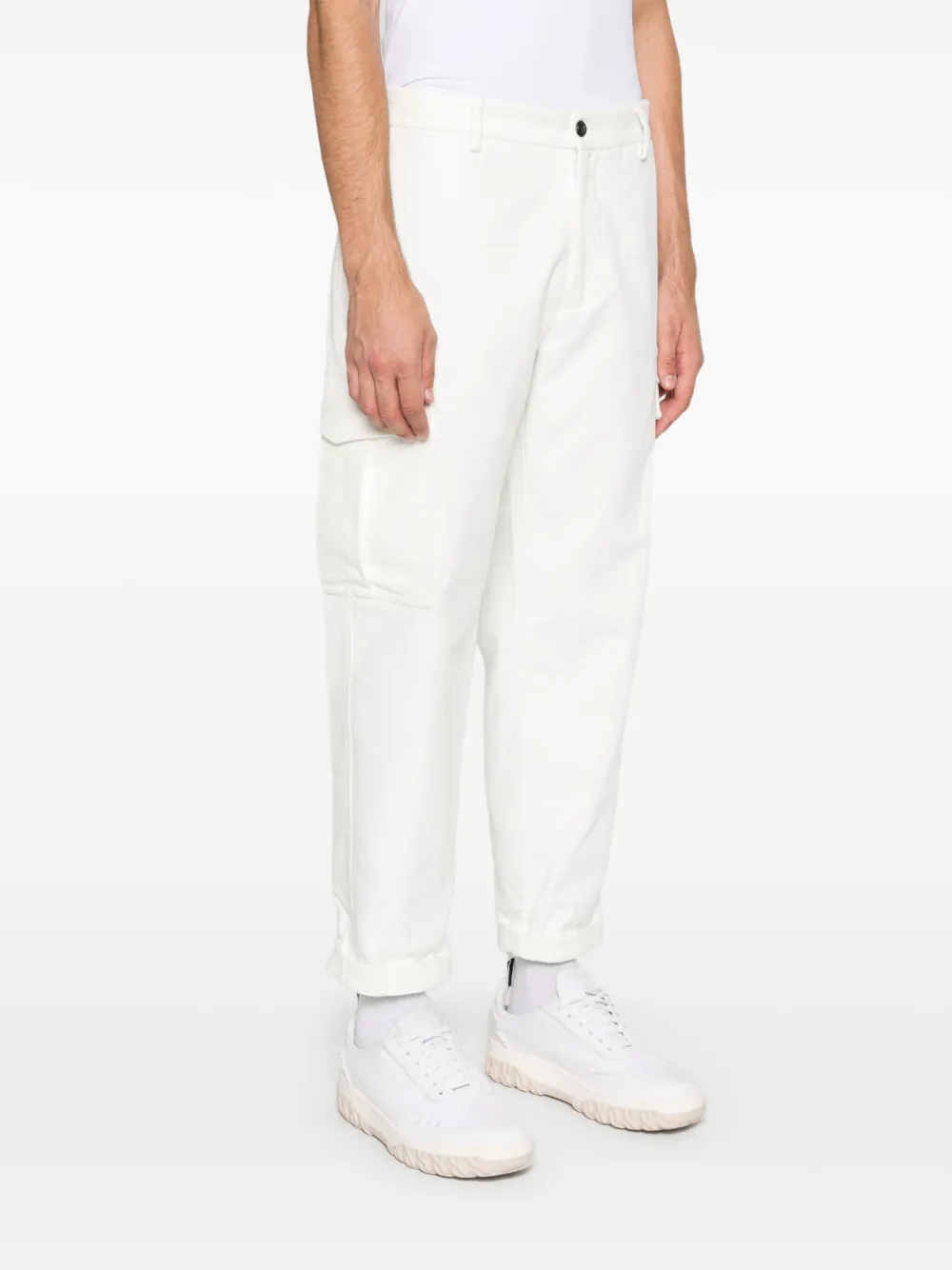 Shop Eleventy Tapered Cargo Trousers In White
