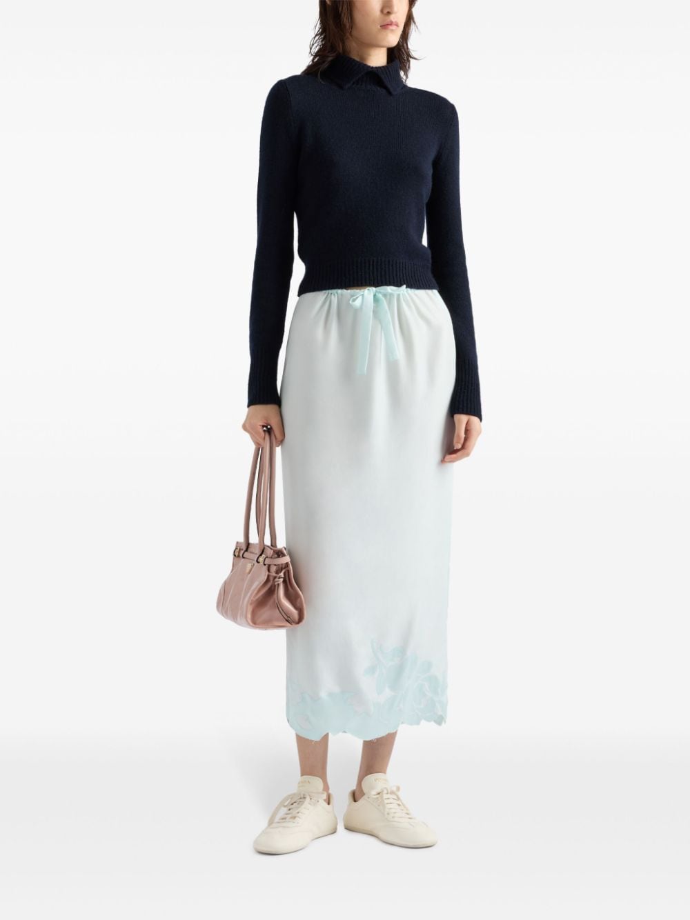 Shop Prada Embroidered Habutai Silk Midi Skirt In Grün