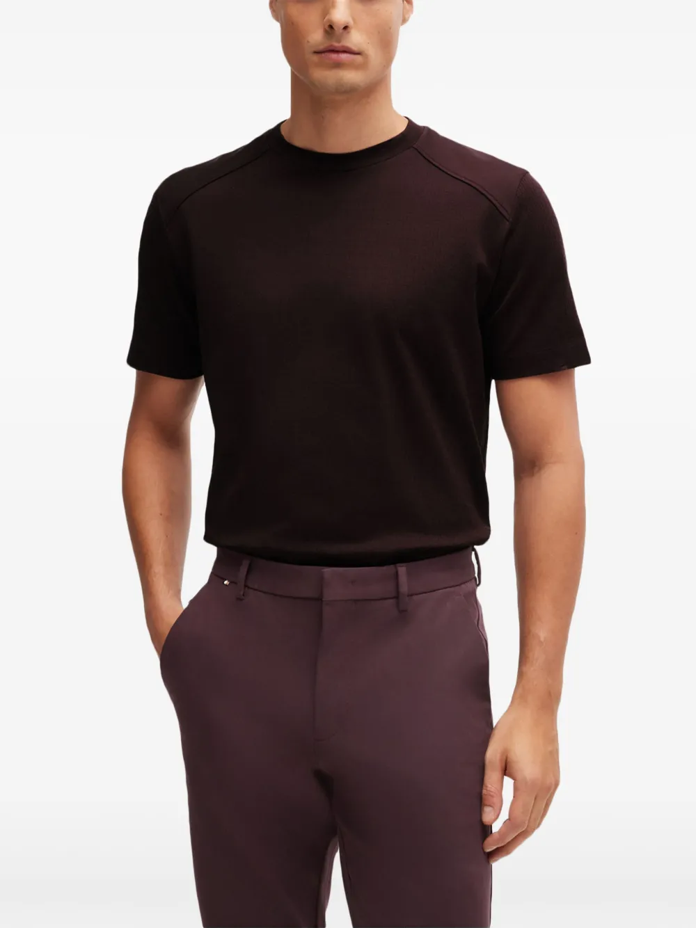 Hugo Boss Cotton-ripstop Regular-fit T-shirt With Plain Trims In Burgundy