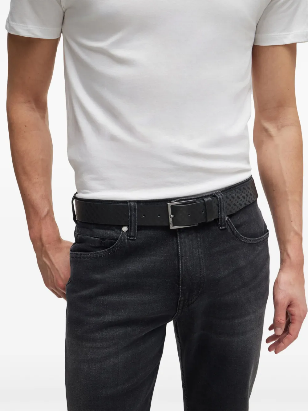 BOSS Leren riem met monogram-reliëf Zwart
