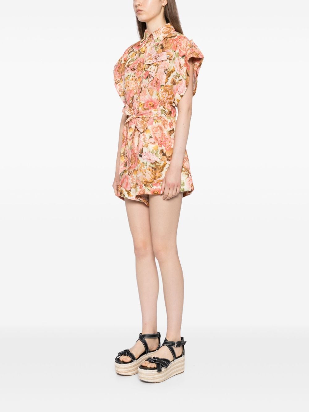 Shop Zimmermann Floral-print Linen Playsuit In Pink