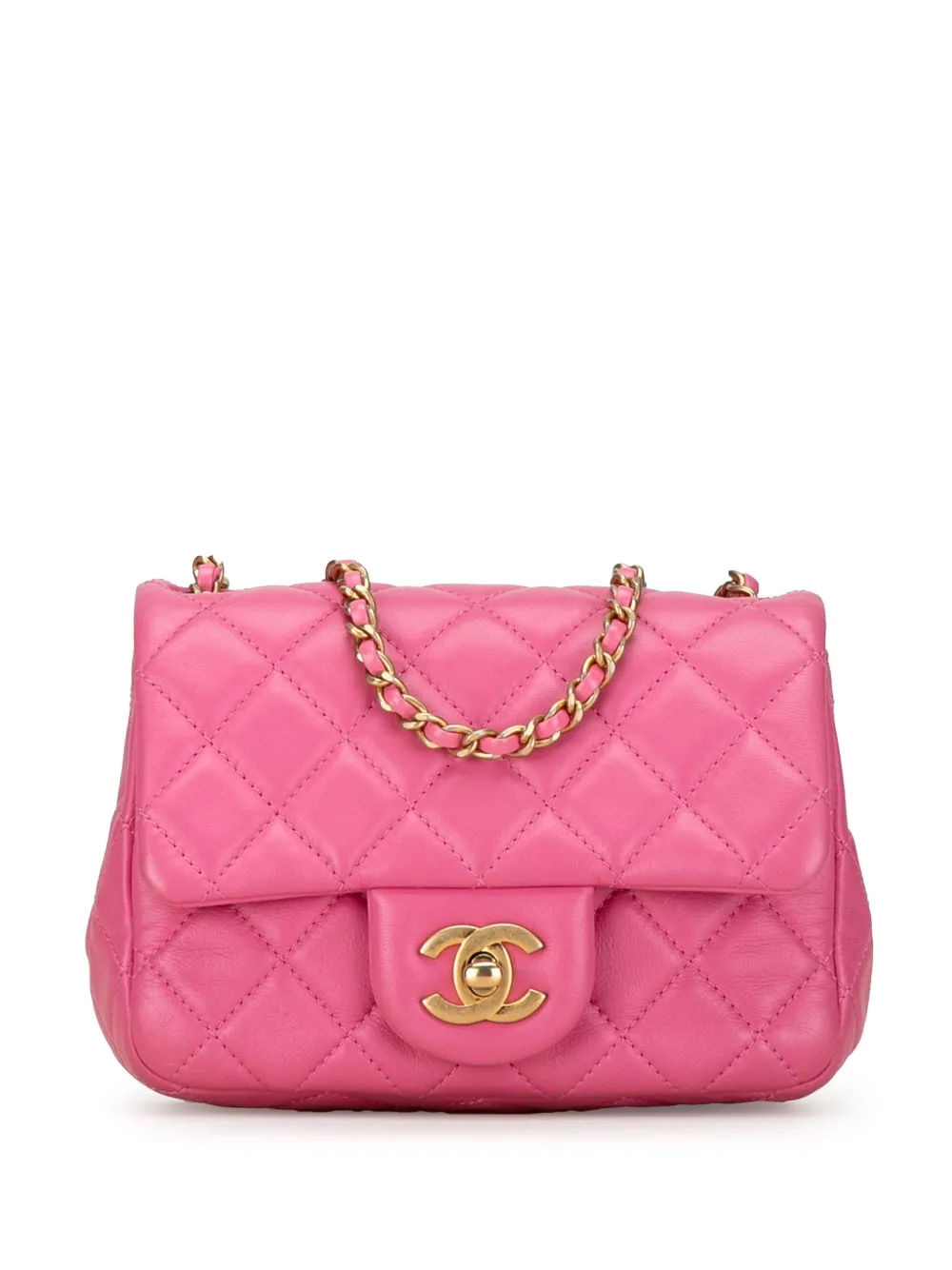 Pre-owned Chanel 2019 Mini Square Classic Lambskin Pearl Crush Flap Crossbody Bag In Pink