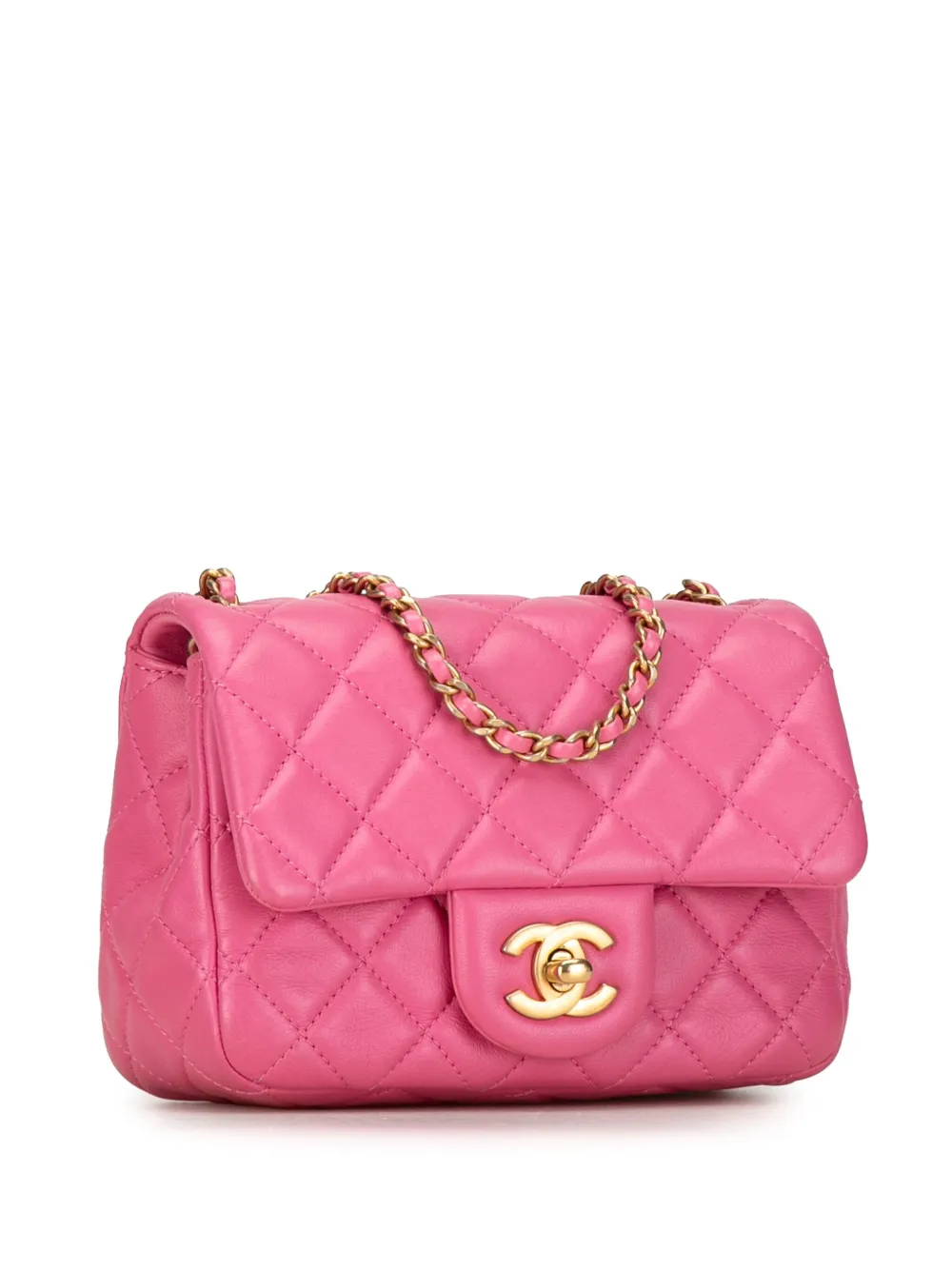 Pre-owned Chanel 2019 Mini Square Classic Lambskin Pearl Crush Flap Crossbody Bag In Pink