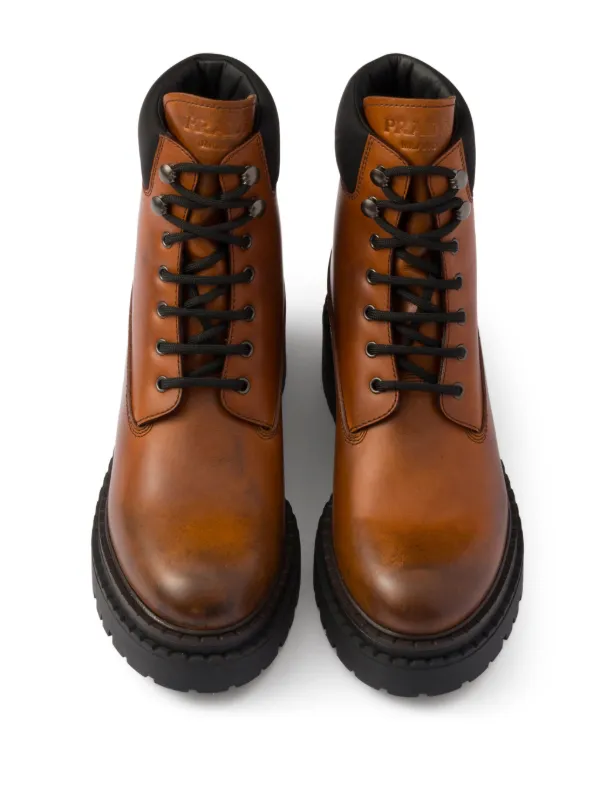 Prada Leather Combat Booties | Brown | FARFETCH PL
