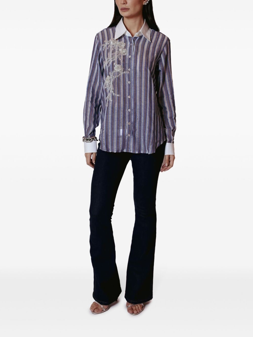 Shop Lethicia Bronstein Lace-appliqué Striped Shirt In Blue