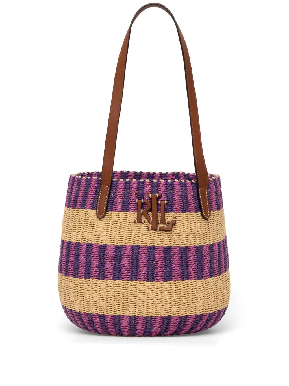 Ralph Lauren Striped Straw Medium Hartley Tote Bag In Violett