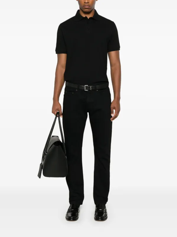 Saint Laurent Cassandre-embroidered Piqué Polo Shirt | Black