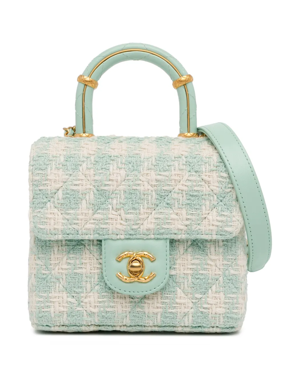 Pre-owned Chanel 2021-2023 Quilted Tweed Crush Top Handle Flap Satchel In Blue