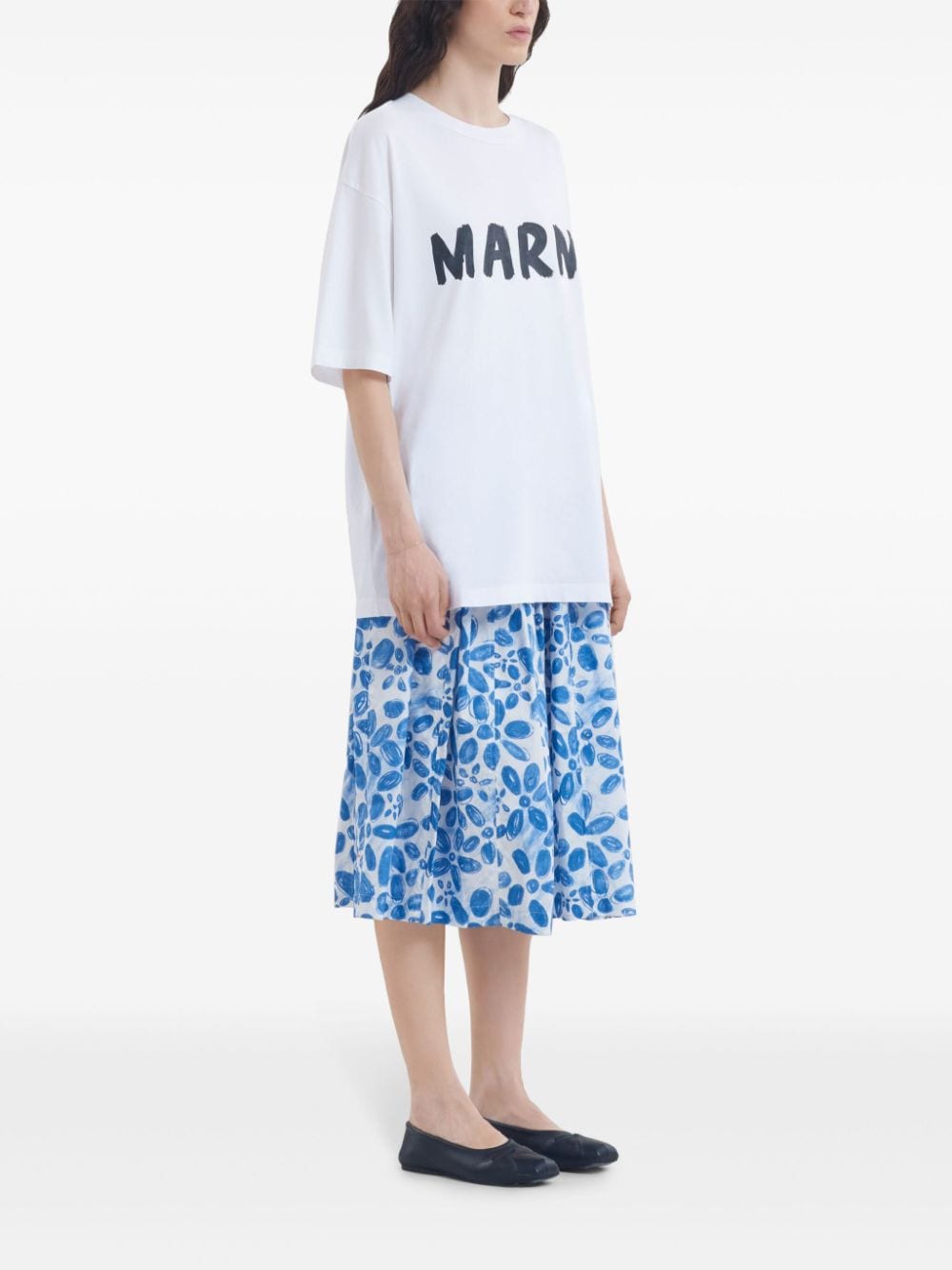 Shop Marni Floral-print Poplin Skirt In Blue