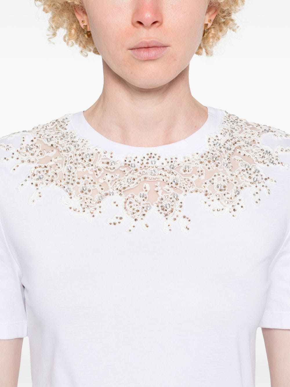 Shop Ermanno Scervino Lace-detail Crystal-embellished T-shirt In White