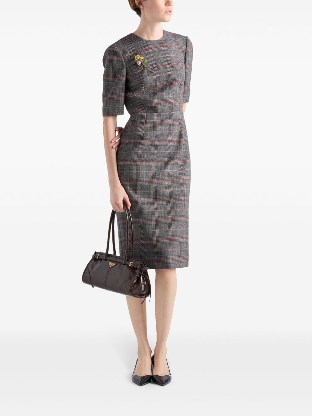 Shop Prada Prince-of-wales Midi Dress In Grey