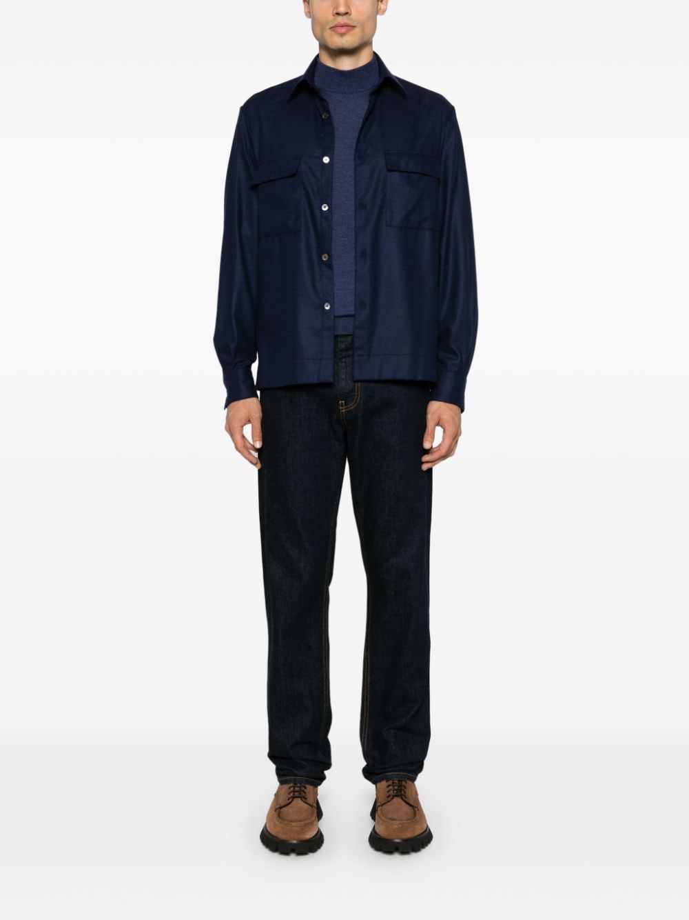 Shop Xacus Buttoned Wool Shirt In Blue