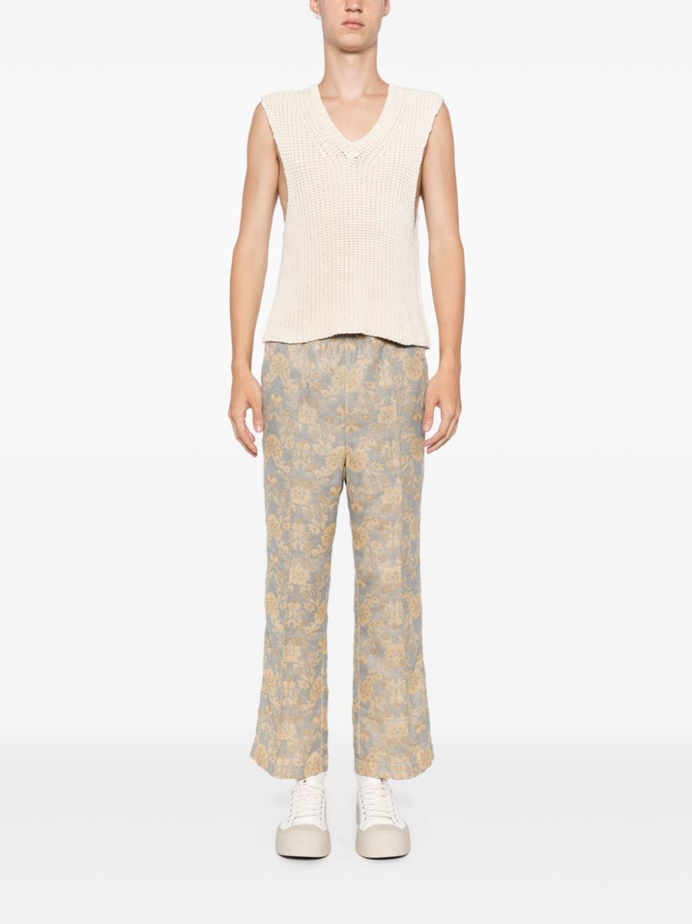 Shop Needles Drawstring Floral-print Trousers In Grey