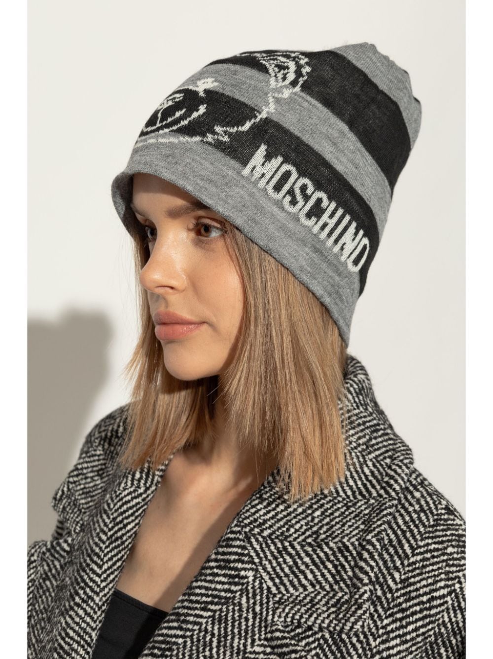 Shop Moschino Teddy Bear Beanie In Grey