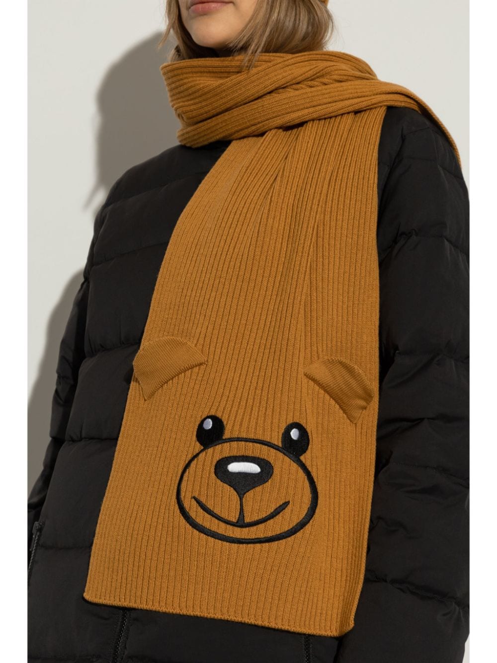 Shop Moschino Teddy Bear Scarf In Brown