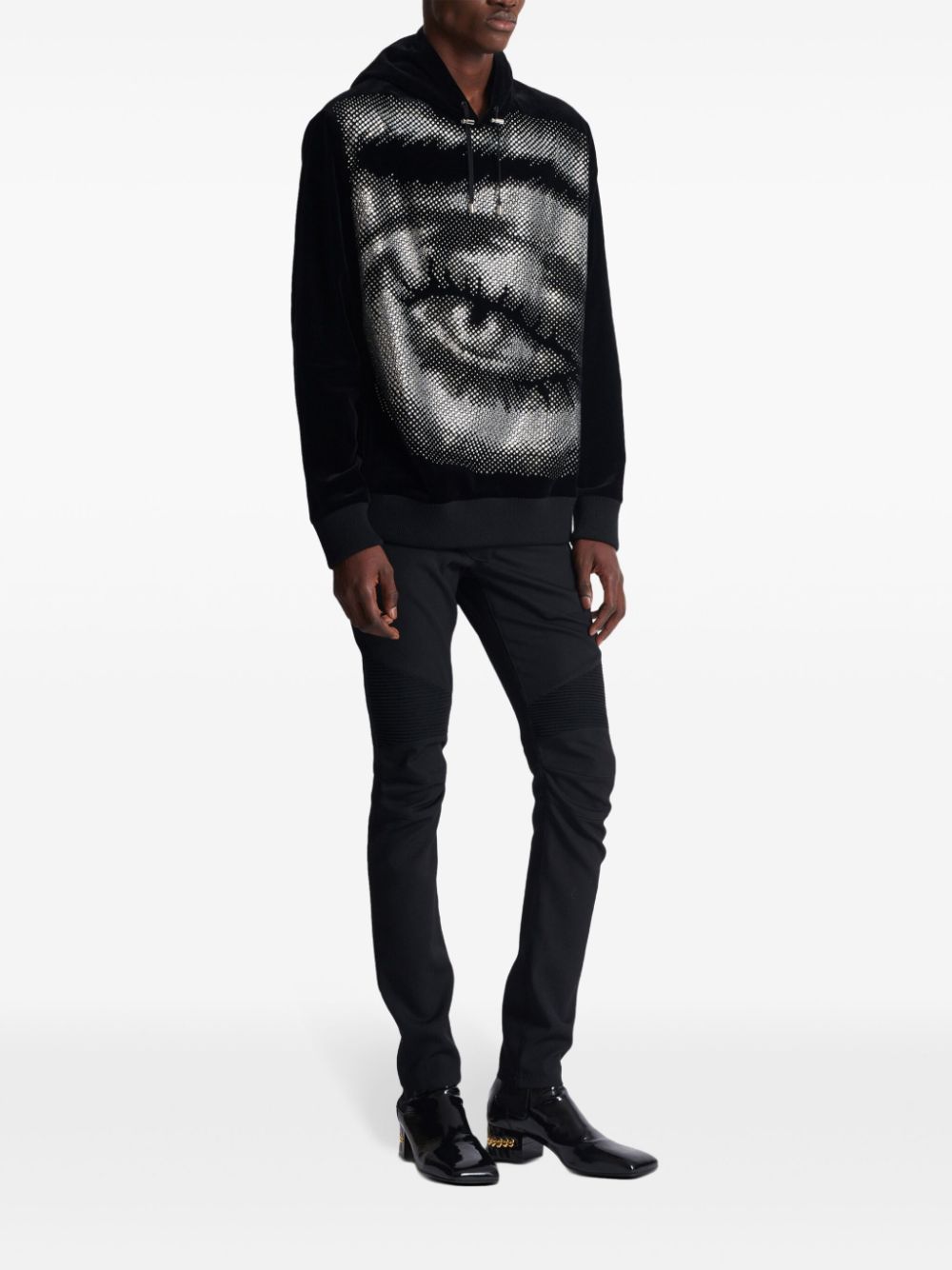 Cheap Balmain crystal-embellished eye-motif hoodie Men