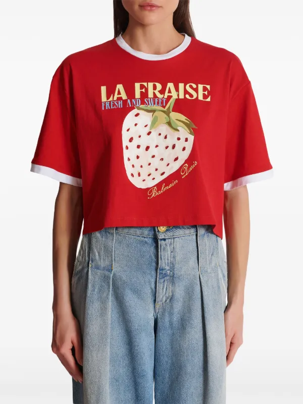 Balmain Strawberry Print Cropped T-shirt | Red | FARFETCH JO