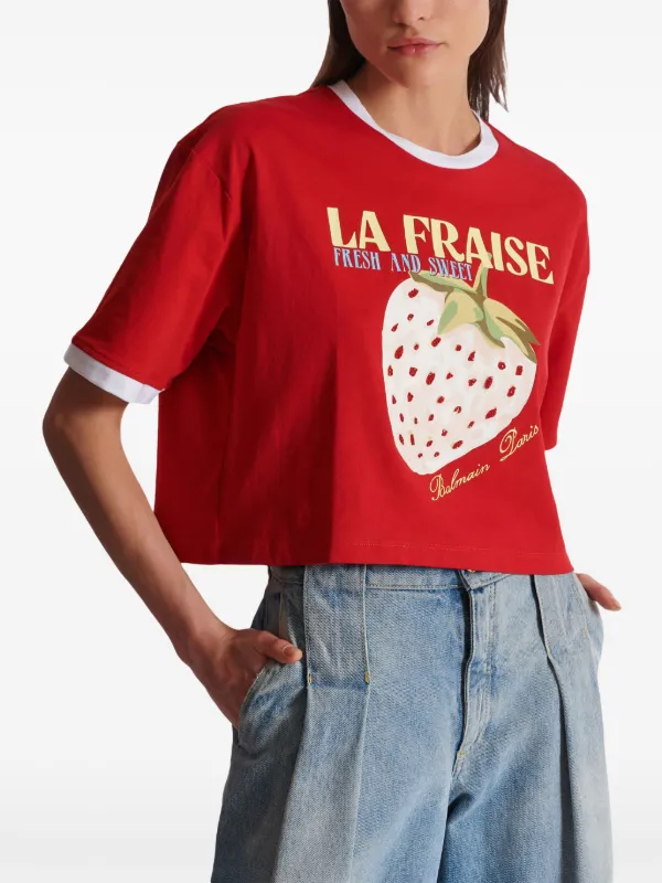 Balmain Strawberry Print Cropped T-shirt | Red | FARFETCH JO